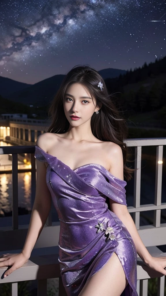 masterpiece, best quality, Extremely detailed, illustration, , , 1 Girl,Solitary, Image Subject, flower, Looking at the audience, , , Purple Eyes, Gemstone eyes, Extremely detailed eyes, Extremely detailed face,, , Star (Sky), constellation, Purple Energy, railing, meteor