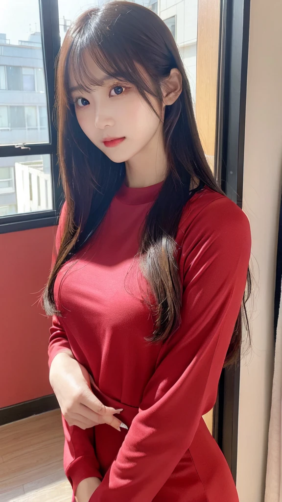 korea beauty, long hair, tight clothes, room with sunny window, selfie --s 750 --v 6.0, (mix4:1.0)