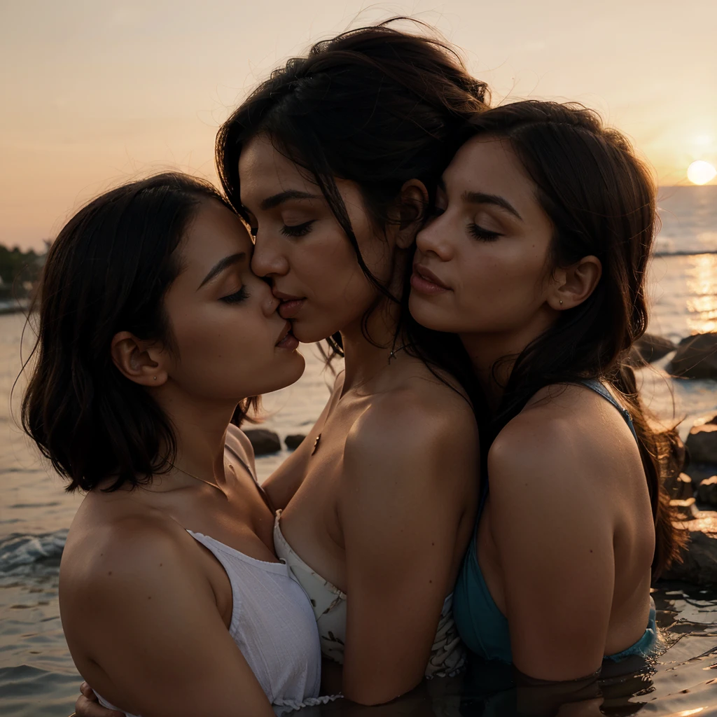 Two beautiful women kissing at sunset.