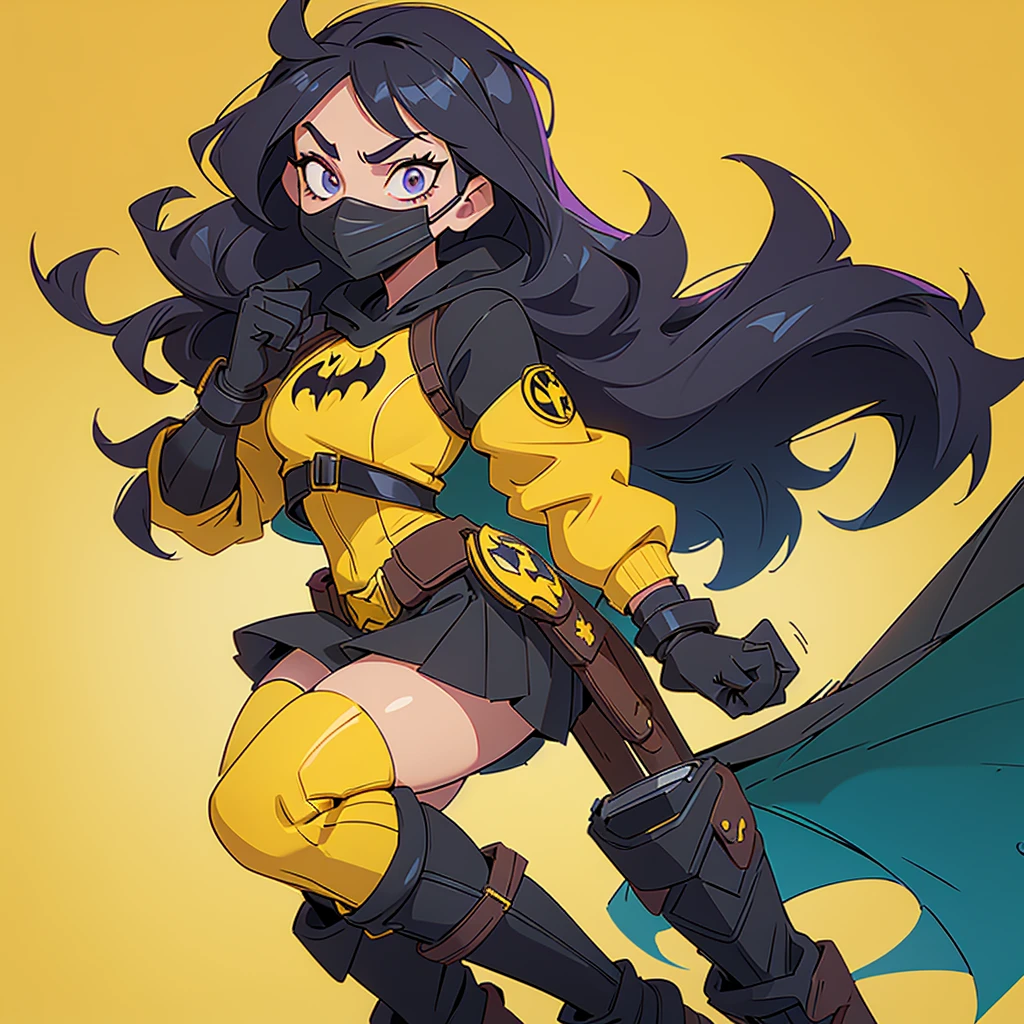 2D Disney animation style fanart featuring Batgirl in the "Batgirl of Burnside" version: 18-year-old young adult appearance. She wears a black mask covering the upper part of her face and head, leaving her hair loose below the mask. She wears a shorter black cape with yellow lining. Her outfit is purple with a yellow bat on her chest. She has a yellow utility belt with a more casual and modern design. Her gloves and boots are yellow and resemble combat boots.