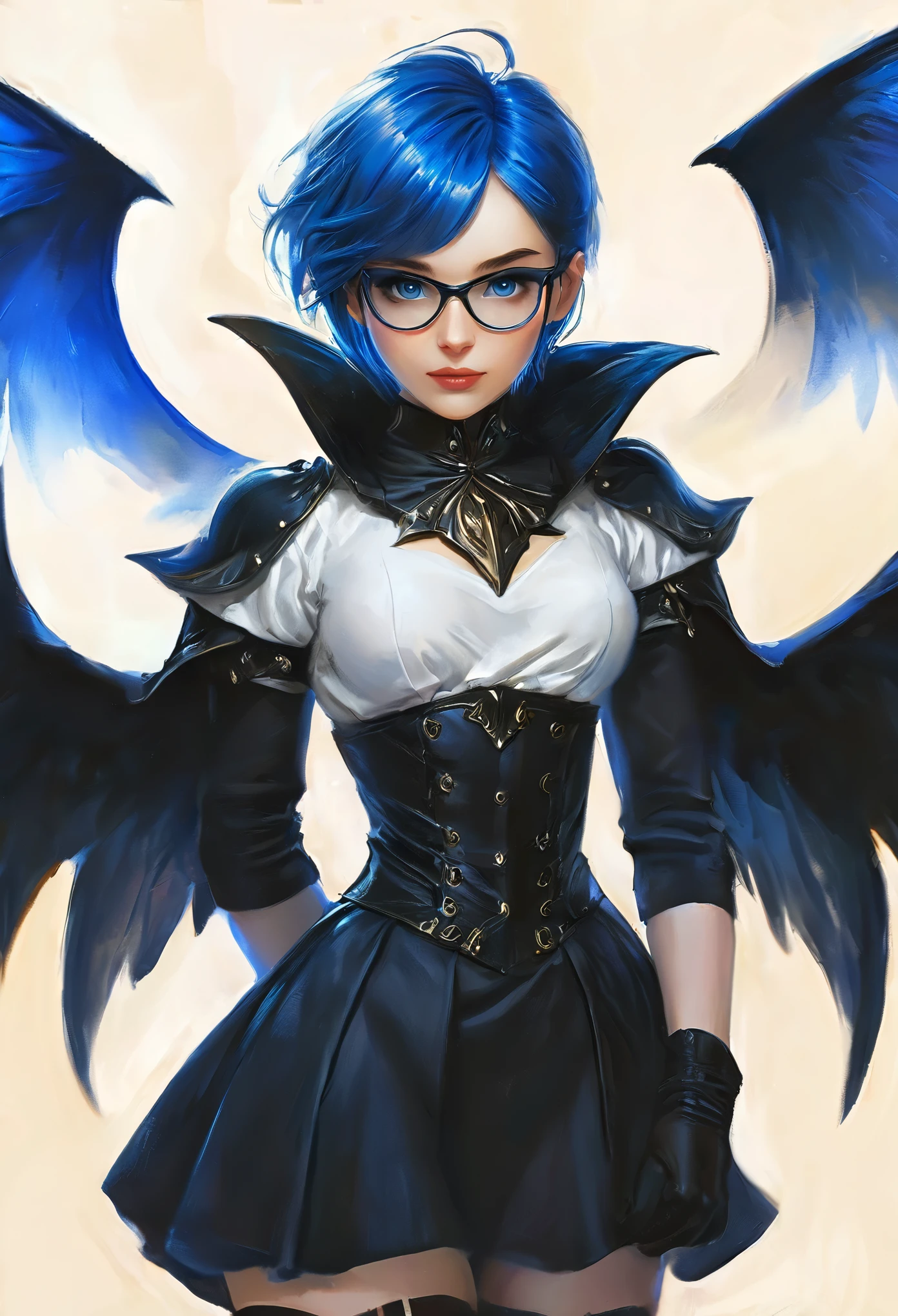 One girl, Lilaeville, Blue Hair, blue eyes, short hair, Black capelet, skirt, White Pantyhose, Blue Devil Wings, Blue glasses, For the mini,, indoor, Retreat, Multiple computer monitors, phantom thief Retreat, Charlie Bowater