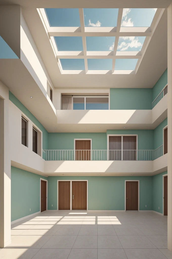 Large 2-story house with light cream walls:
low level:
- On the front wall (Main facade), there will be an entrance with a red central gate.
- To the right of the entrance, there will be 2 small rectangular shaped windows.
- On the front wall de la entrada, in the right corner, there will be another window a little bigger, located in the corner.
second floor:
- On top, centered on each section of the wall, there will be 3 medium windows.
- The right side wall of the second floor will not have windows.
Ceiling:
- The roof will be triangular, mint green, with a low height.