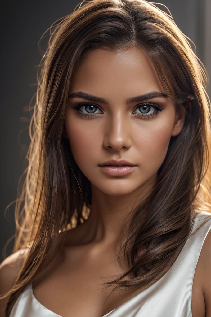 a beautiful young woman with light brown disheveled hair, angry expression, ripping off her sleeveless white satin blouse and pleated skirt, dramatic dynamic lighting, (best quality,4k,8k,highres,masterpiece:1.2),ultra-detailed,(realistic,photorealistic,photo-realistic:1.37),portrait,cinematic,chiaroscuro lighting,dramatic,vivid colors,high contrast,extremely detailed face and eyes,detailed facial features,beautiful detailed eyes,beautiful detailed lips,extremely detailed eyes and face,longeyelashes