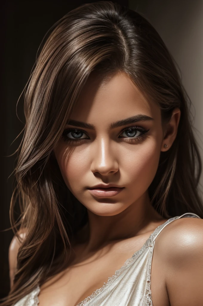 a beautiful young woman with light brown disheveled hair, angry expression, ripping off her sleeveless white satin blouse and pleated skirt, dramatic dynamic lighting, (best quality,4k,8k,highres,masterpiece:1.2),ultra-detailed,(realistic,photorealistic,photo-realistic:1.37),portrait,cinematic,chiaroscuro lighting,dramatic,vivid colors,high contrast,extremely detailed face and eyes,detailed facial features,beautiful detailed eyes,beautiful detailed lips,extremely detailed eyes and face,longeyelashes