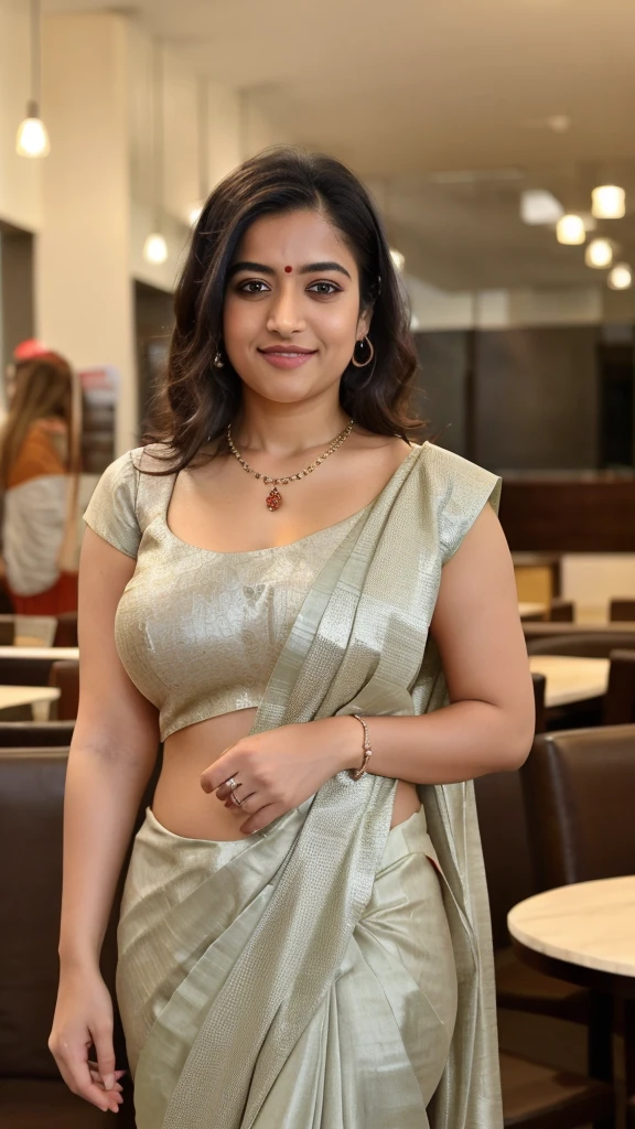 a woman round neck blouse and saree, heading in or out the door,,big cheeks, curvy, hourglass figure, swooping breasts, deep cleavage, open arms, sexy armpits,big penis, nipples, ass, necklace, angle face,round face, beautiful face,(cinematic:1.3),araffe woman in round neck blouse and saree standing in a restaurant, standing in a restaurant, round neck blouse and saree, round neck blouse and saree, casual pose, with a cool pose, wearing a round neck blouse and saree, stylish pose, wearing elegant casual clothes, wearing a round neck blouse and saree, full body cute young lady, wearing a round neck blouse and saree, wearing an elegant outfit