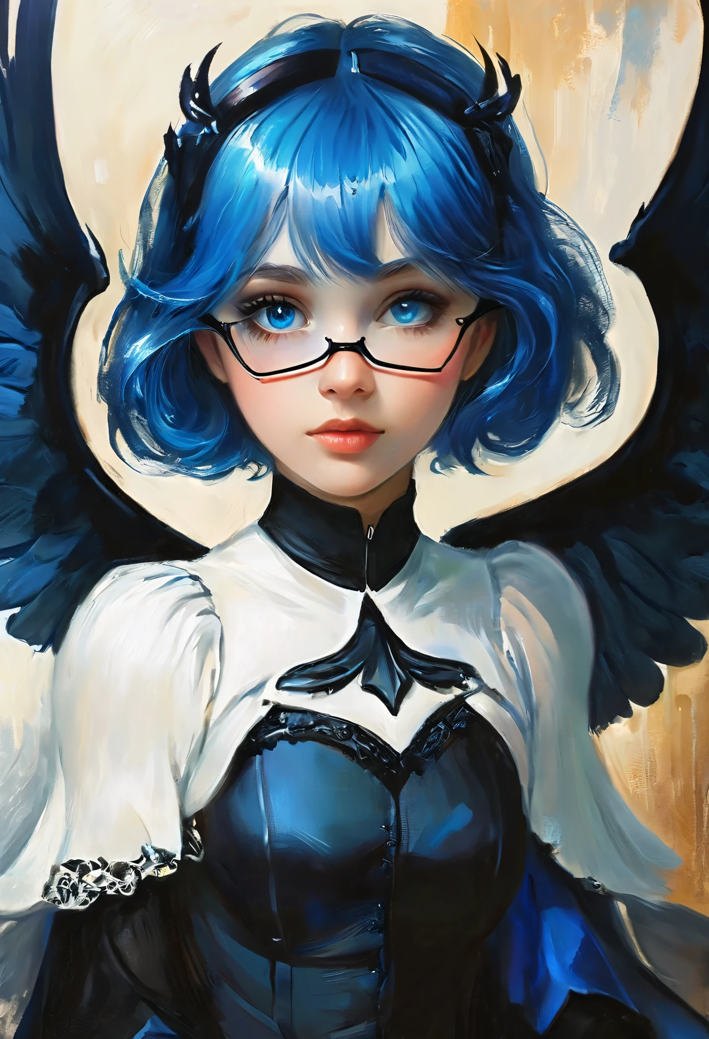 One girl, Lilaeville, Blue Hair, blue eyes, short hair, Black capelet, skirt, White Pantyhose, Blue Devil Wings, Blue glasses, For the mini,, indoor, Retreat, Multiple computer monitors, phantom thief Retreat, Charlie Bowater