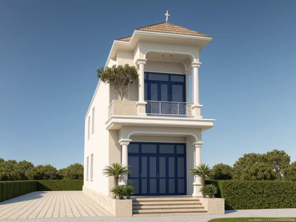 PLATFORM KTHOUSE, neoclassical villa, main materials of the villa are white walls: 1.2 and stone: 1.2, large yard, 1 track in front of the house, (RAW photo, real, best quality, masterpiece: 1.2 ), neoclassical style, blue sky :1.3, (super realistic, actual photo:1.2), high quality, (sunrise light:1.3), perfect lighting, Archdaily
