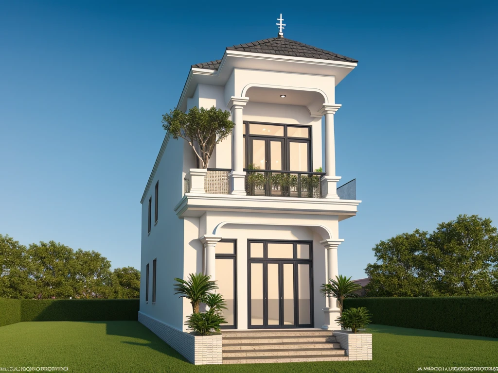 PLATFORM KTHOUSE, neoclassical villa, main materials of the villa are white walls: 1.2 and stone: 1.2, large yard, 1 track in front of the house, (RAW photo, real, best quality, masterpiece: 1.2 ), neoclassical style, blue sky :1.3, (super realistic, actual photo:1.2), high quality, (sunrise light:1.3), perfect lighting, Archdaily