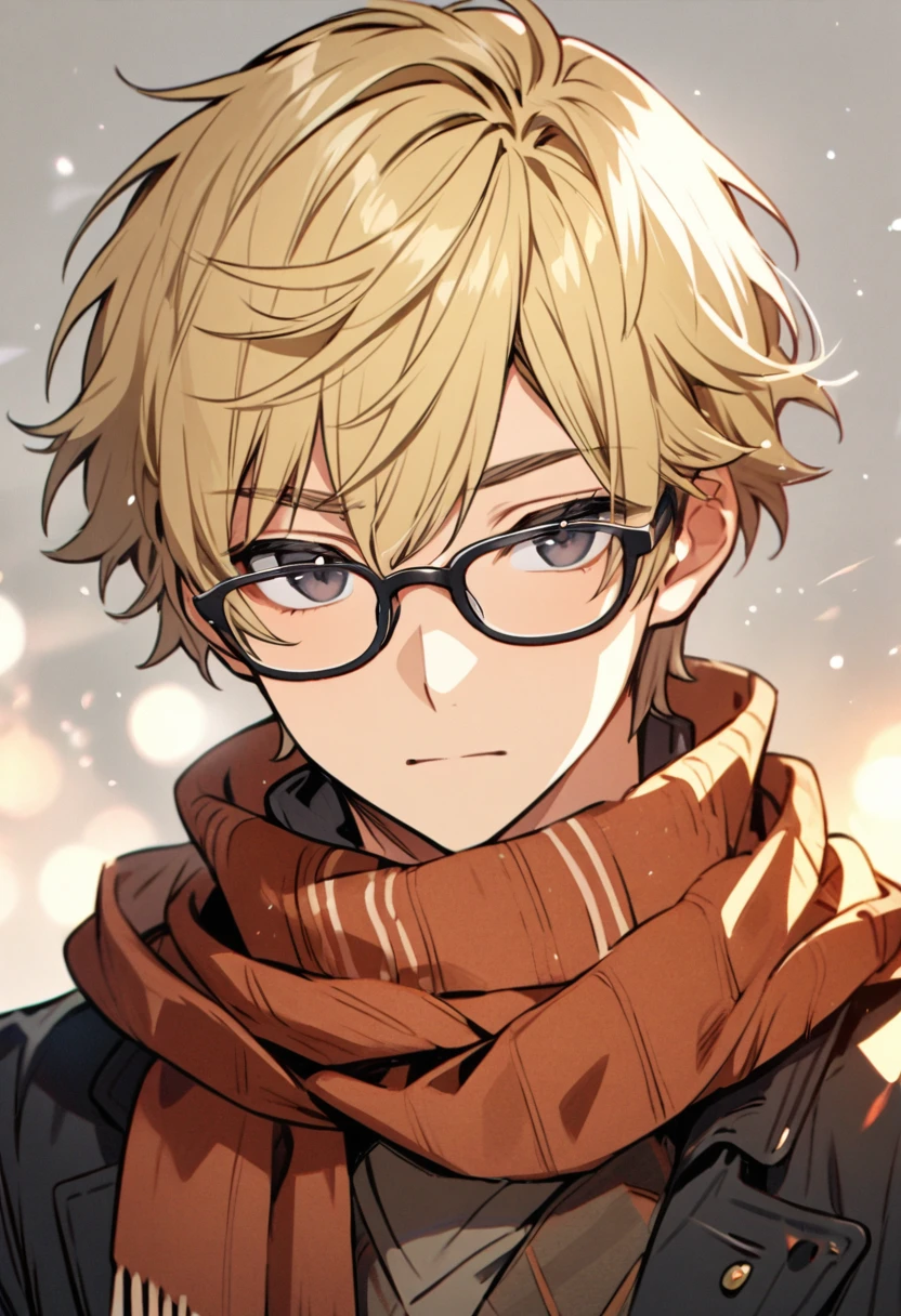 male, solo, handsome, short hair, innocent, scarf, black eyes, blond hair, glasses