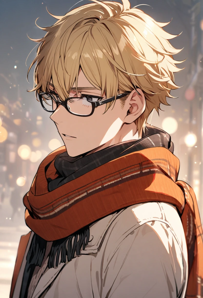 male, solo, handsome, short hair, innocent, scarf, black eyes, blond hair, glasses