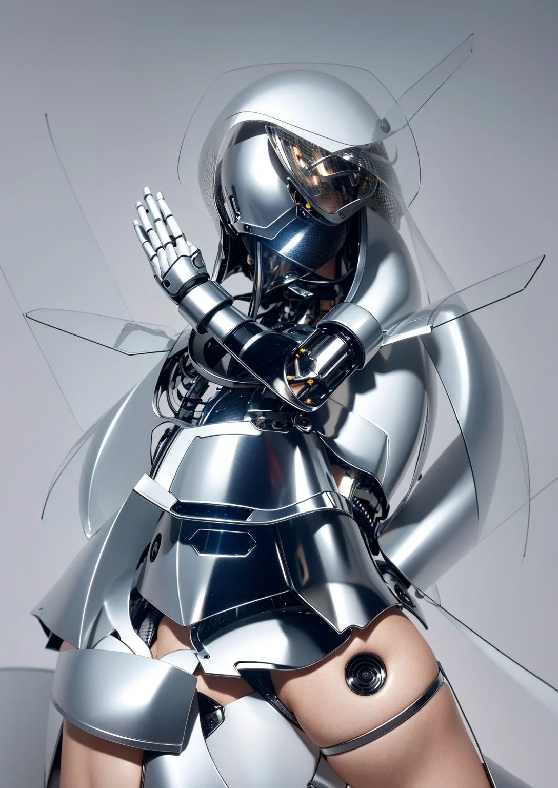 Outstanding，Super Detail, High Detail, high quality, best quality, High resolution，1 female robot，Beautiful female robot,beautiful clear face(Rain waves_haneame：1.5),Mechanical body(Smooth metal surface，armor，Mechanical seams of skin，beautiful body curves)，High-tech mechanical armor(Same color as the picture，Mechanical Technology，Highlight breast contour)