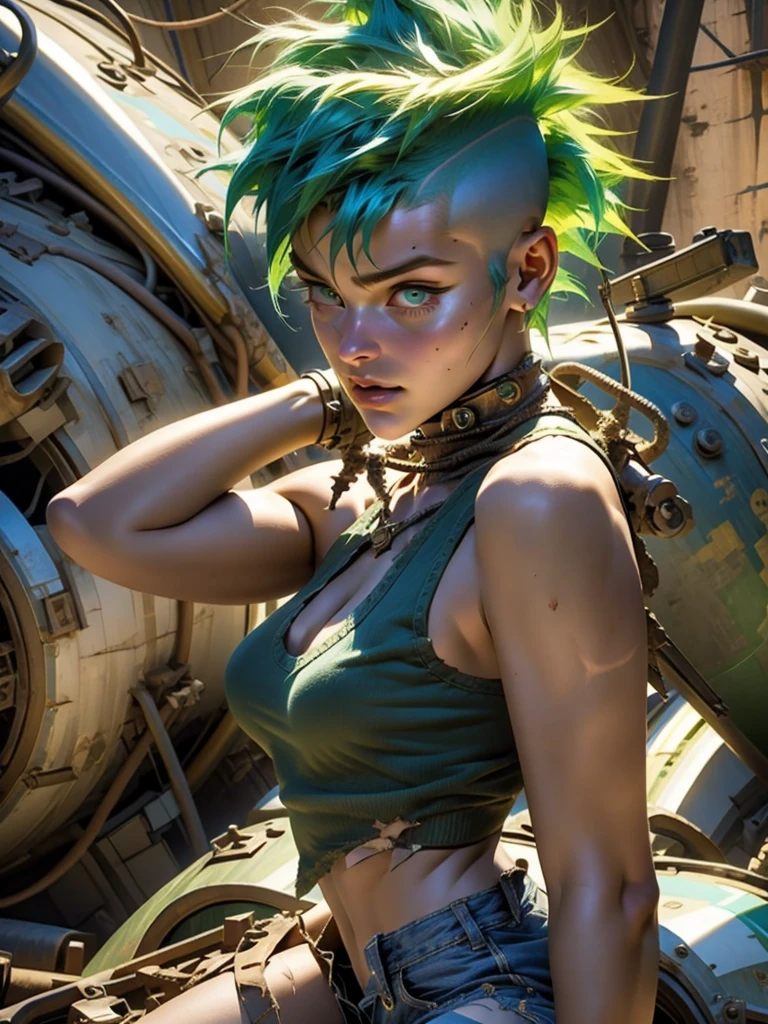 ((( fully body ))), master part, best qualityer, super detaill, 8K, gorgeous woman, Stefania Ferrario as a Tank Girl, parted lips, green mohawk hair, Punk Girl, shorts curt com cinta liga, post-apocalyptic world, with a tank in the background, (( of the tank )), niji style, torn and dirty clothes, short mohawk, sides of shaved head, clean face 