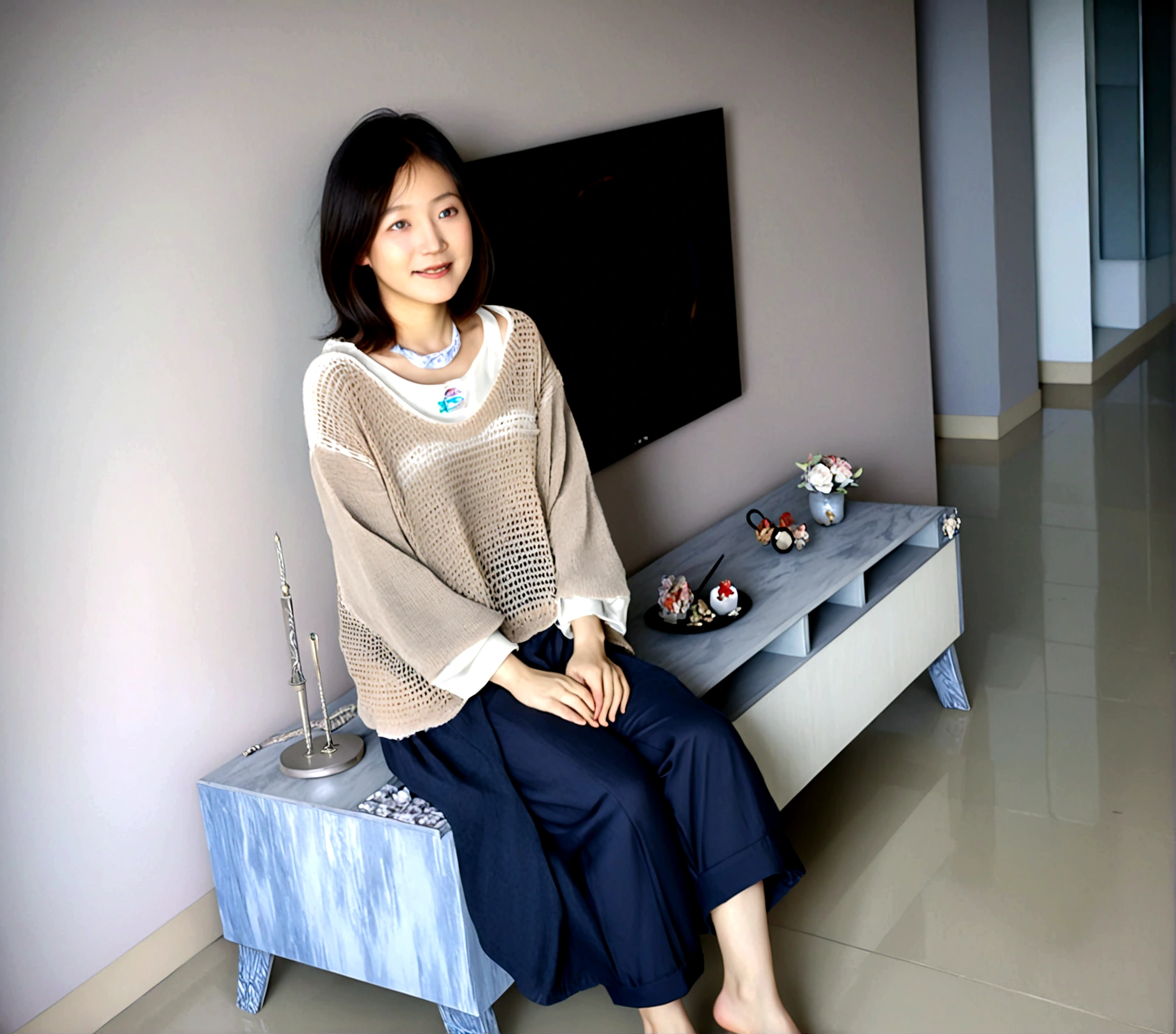 Beautiful Korean Woman , 32 inch chest size, Your eyes are big and pretty. Wearing a high-end luxury brand cardigan, casual beige pants, short medium hair, Smile, uhd