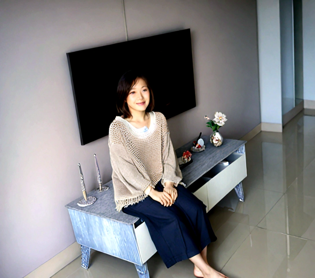 Beautiful Korean Woman , 32 inch chest size, Your eyes are big and pretty. Wearing a high-end luxury brand cardigan, casual beige pants, short medium hair, Smile, uhd