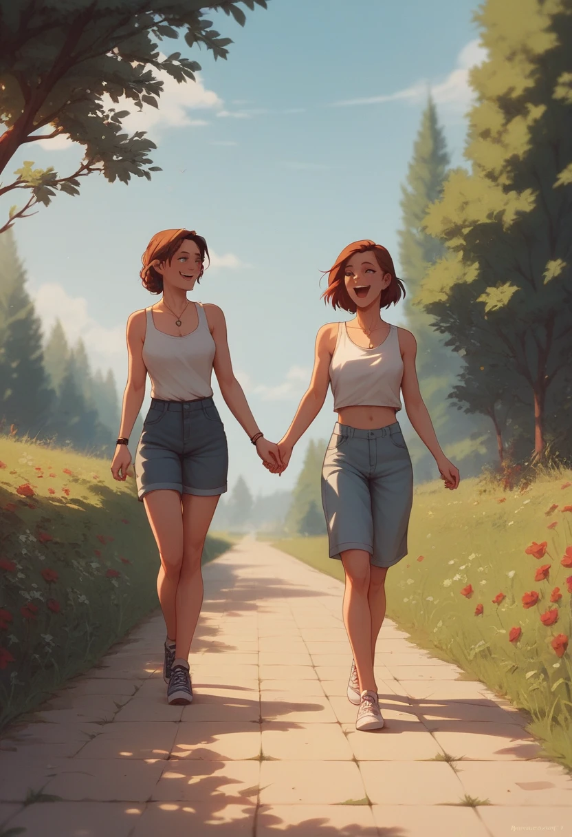 2girls, walking together, outdoors, Karlach and Shadowheart, happy, relaxed