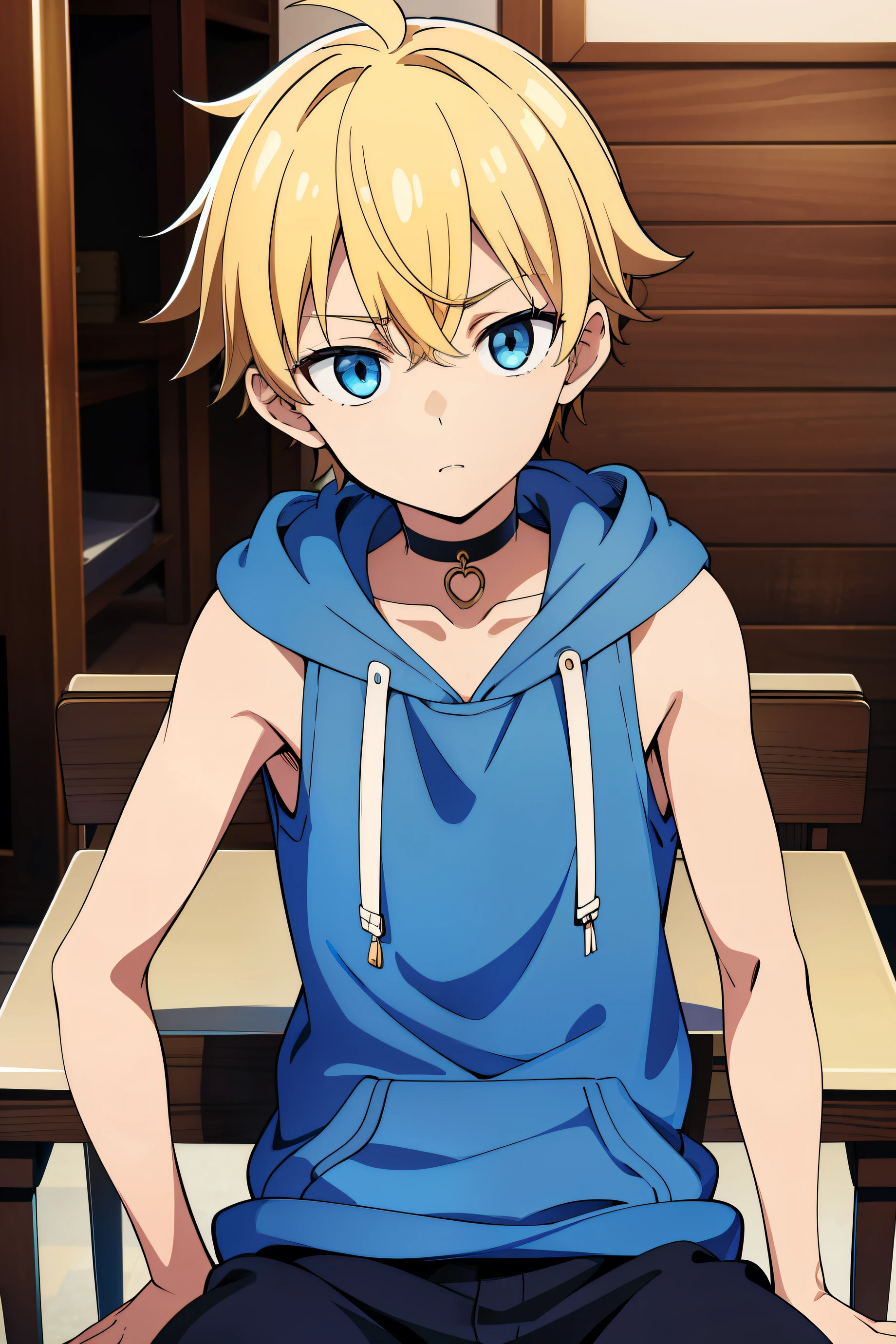 Highres, Masterpiece, Best quality at best,Best Quality,hight quality, hight detailed, Anime style, 1boy, boy, Shota, (s), blonde, blue eye, fluffy hair, Sleeveless hoodie, Sit on the chair, Seen from the front, Slim body, choker, Coolarbone, upper body, Blurry beckground, (very thin body), (very young boy), (very small and short body), uhd