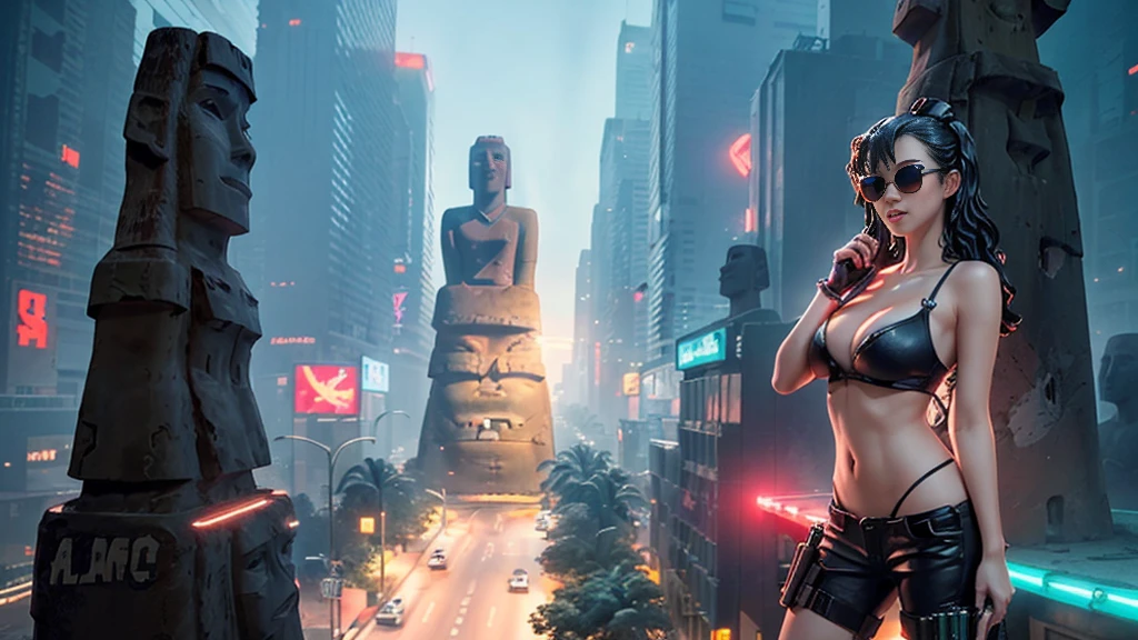 At night, dark sky, aerial view of fantasy cyberpunk style ((Moai-statue)) city, ((flying vehicle)). ((1girl, solo, alone)), photo realistic, medium-breast:1.1 slim body, cleavage, sexy clothes, (black sunglasses), (((hip-up standing and pistol aiming pose))), half-body thigh level medium shot, cinematic lighting.