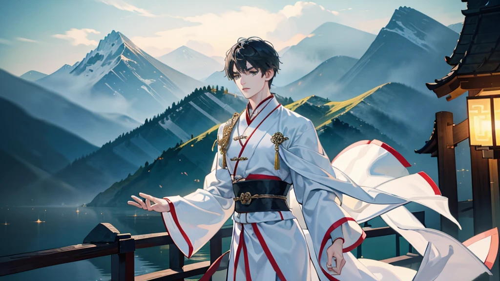 The man wore a white robe with an ancient Chinese pattern. , Handsome like a villain,green eyes,Dark theme , strong , ,Chinese martial arts theme , Behind is a mountain. , The scenery is more important than the characters.