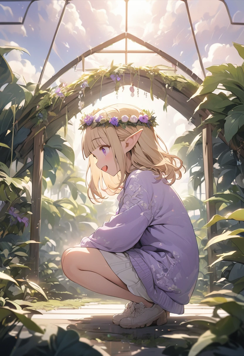 ((Masterpiece)), ((best quality)), ((kawaii)), ((extremely detailed)), 4K, (8K), (super detail:1.2), (High Definition:1.3), (Professional Photography:1.2), cinematic lighting, (sharp focus), (perfect light), ((1girl)), ((12 years old)), from side, (profile), (full body), cute young girl, (Laughing), open mouth, (Beautiful purple eyes:1.3), (Glossy skin), ((elf girl)), (embroidery Noble cardigan), (small chest), slim body, (loose blunt bangs), unruly hair, (medium hair), ((beautiful blond hair)), (put on noble head wreath), BREAK, ((best quality)), (cute crouching), (on the tropical giant greenhouse), (sharp focus), (perfect light), Large Cumulonimbus Clouds, pastel colors clouds, kawaii, cute colors,