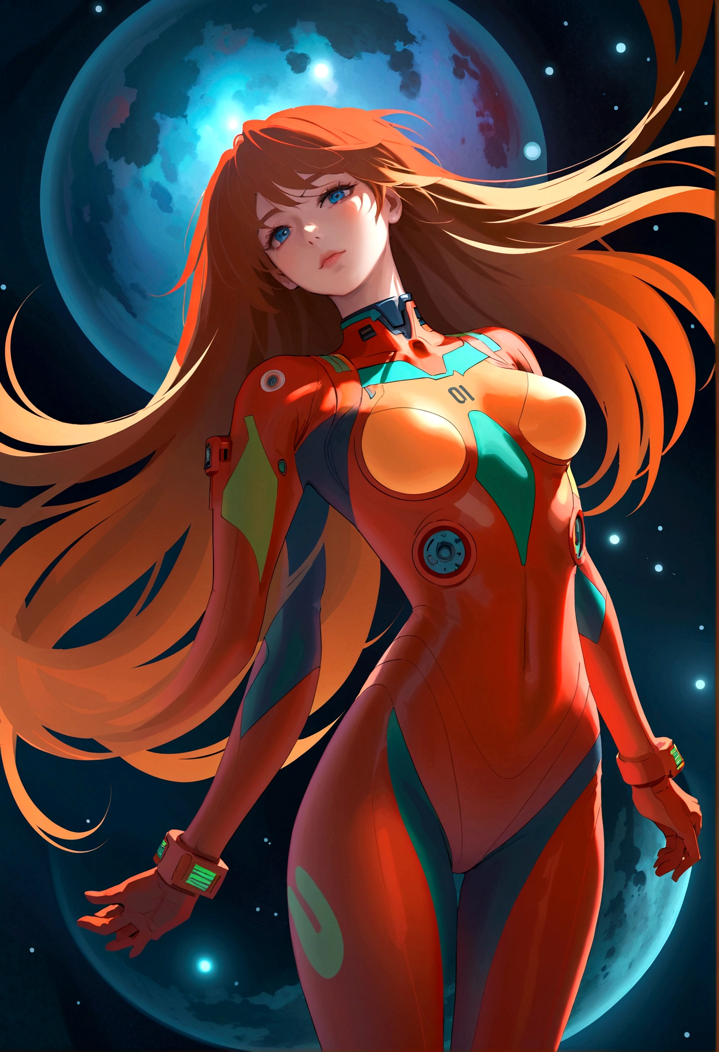 1girl, solo, looking at viewer, full body, standing, long hair, asuka cosplay costume, cosplay, plugsuit, bodysuit, hair ornament, seen from above, space, floating,Dubrec style，Transparent figure back，（Multiple Exposure：1.8）Intricate illustration in surreal art style，surreal dreamscape，