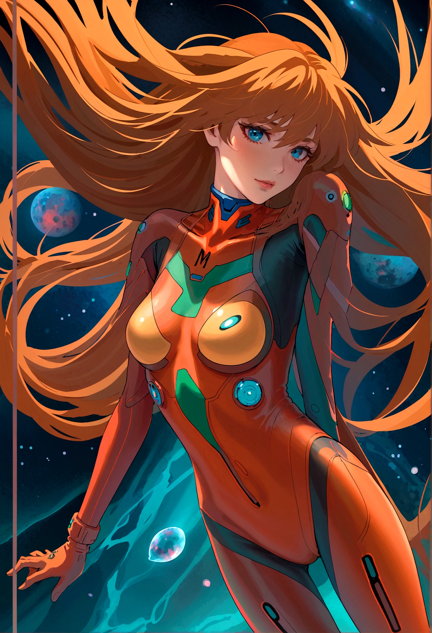 1girl, solo, looking at viewer, full body, standing, long hair, asuka cosplay costume, cosplay, plugsuit, bodysuit, hair ornament, seen from above, space, floating,Dubrec style,Transparent figure back,(Multiple Exposure:1.8)Intricate illustration in surreal art style,surreal dreamscape,