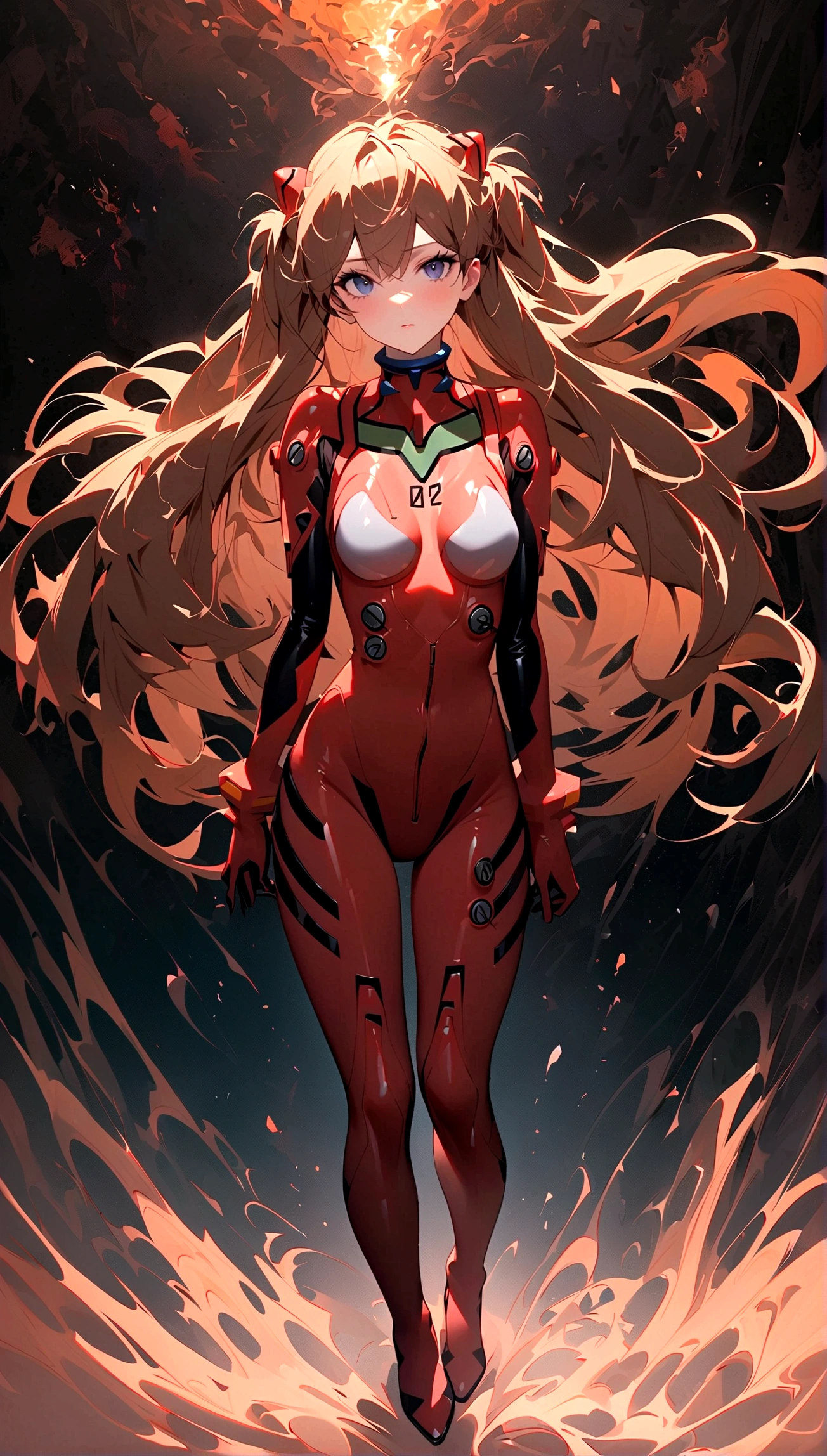 1girl, solo, looking at viewer, full body, standing, long hair, asuka cosplay costume, cosplay, plugsuit, bodysuit, hair ornament, seen from above, space, floating,Dubrec style,Transparent figure back,(Multiple Exposure:1.8)Intricate illustration in surreal art style,surreal dreamscape,