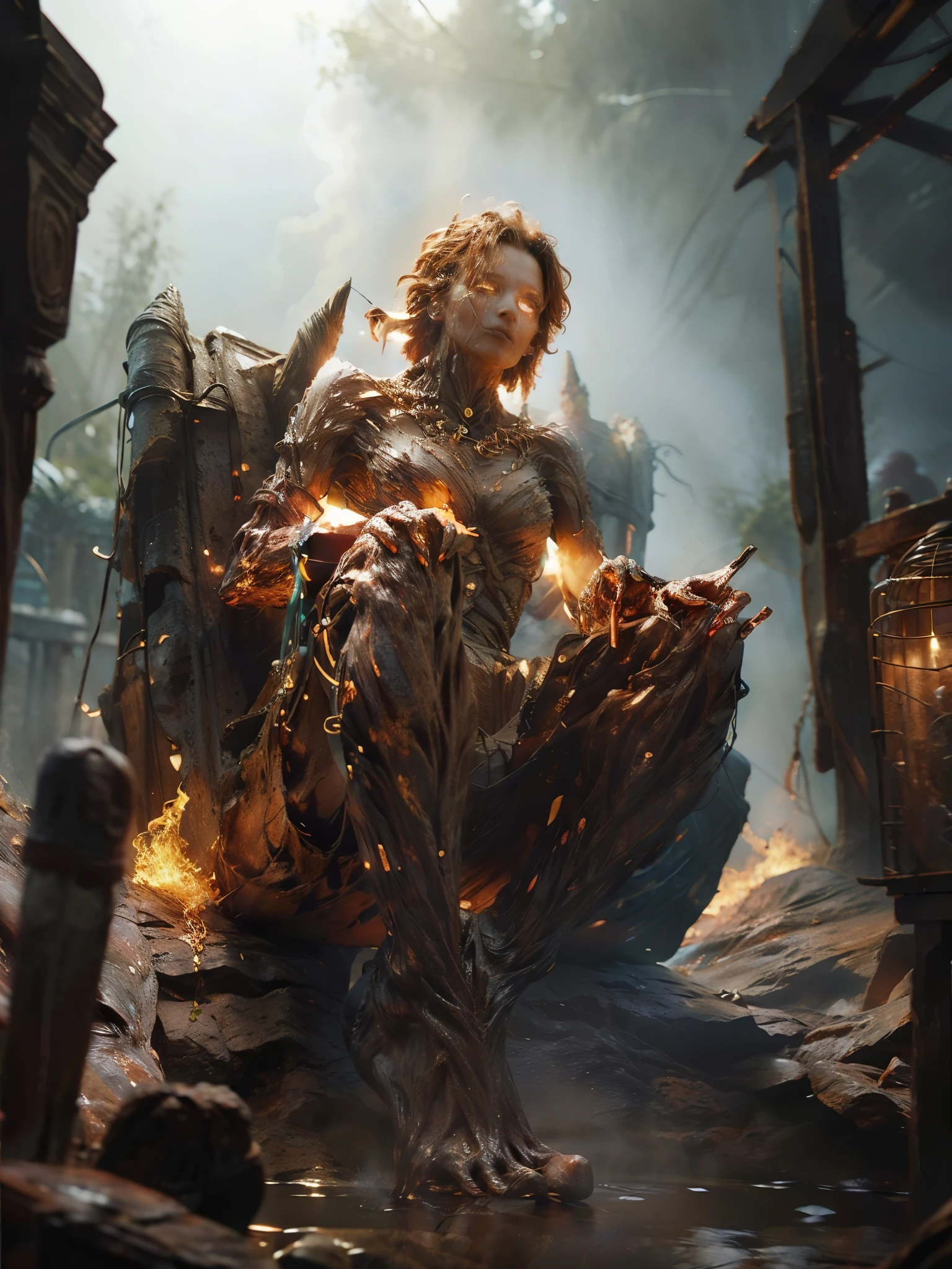 RUSTY CHAINS, (lens flare, bokeh, Wide-Angle, Ultra-Wide Angle, from below, from side, wide shot, isometric, afterimage, partially underwater shot), (from below:1.5), ((Detailed eyes)), [fire elemental woman in chain:1.3], [chains at the ankles], [chains at the ankles], [chains at the ankles], [the chains on the wrists], [the chains on the wrists], [the chains on the wrists], bare feet, full body chain, dirty fire elemental woman chained to a chair in a cage, white torn stockings, broken glasses, woman in chain in a cage, iron bars, desperate expression, worried alice in wonderland in chain in a cage, concerned about future, brunette, realistic hands, bars in the window. Blurred foreground.