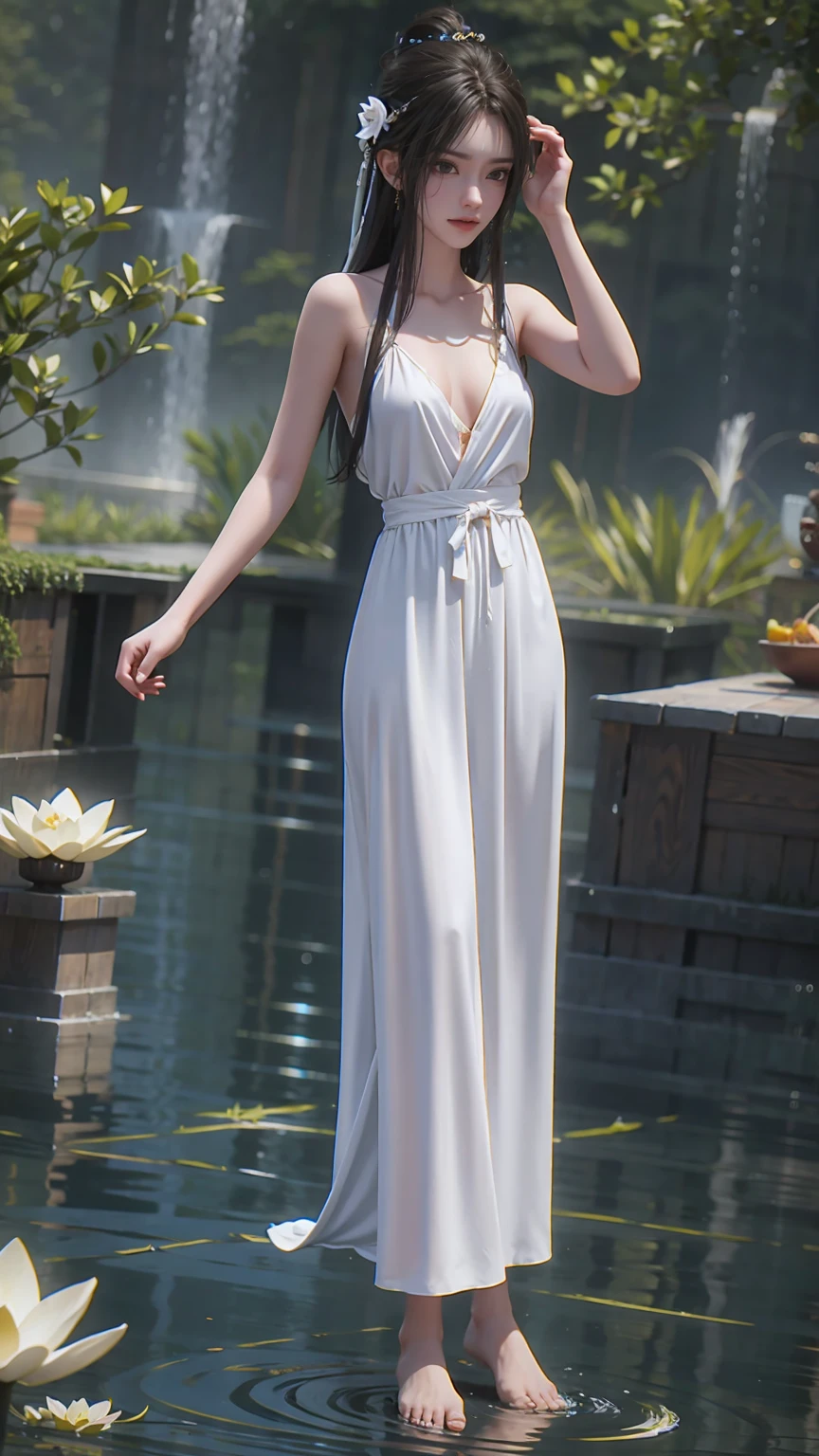A girl bathing in water,Showering the upper body while bathing on the water,Wearing white suspender pajamas,Golden glowing lotus on the water,Water Magic,Wet,Full body capture,Full body view