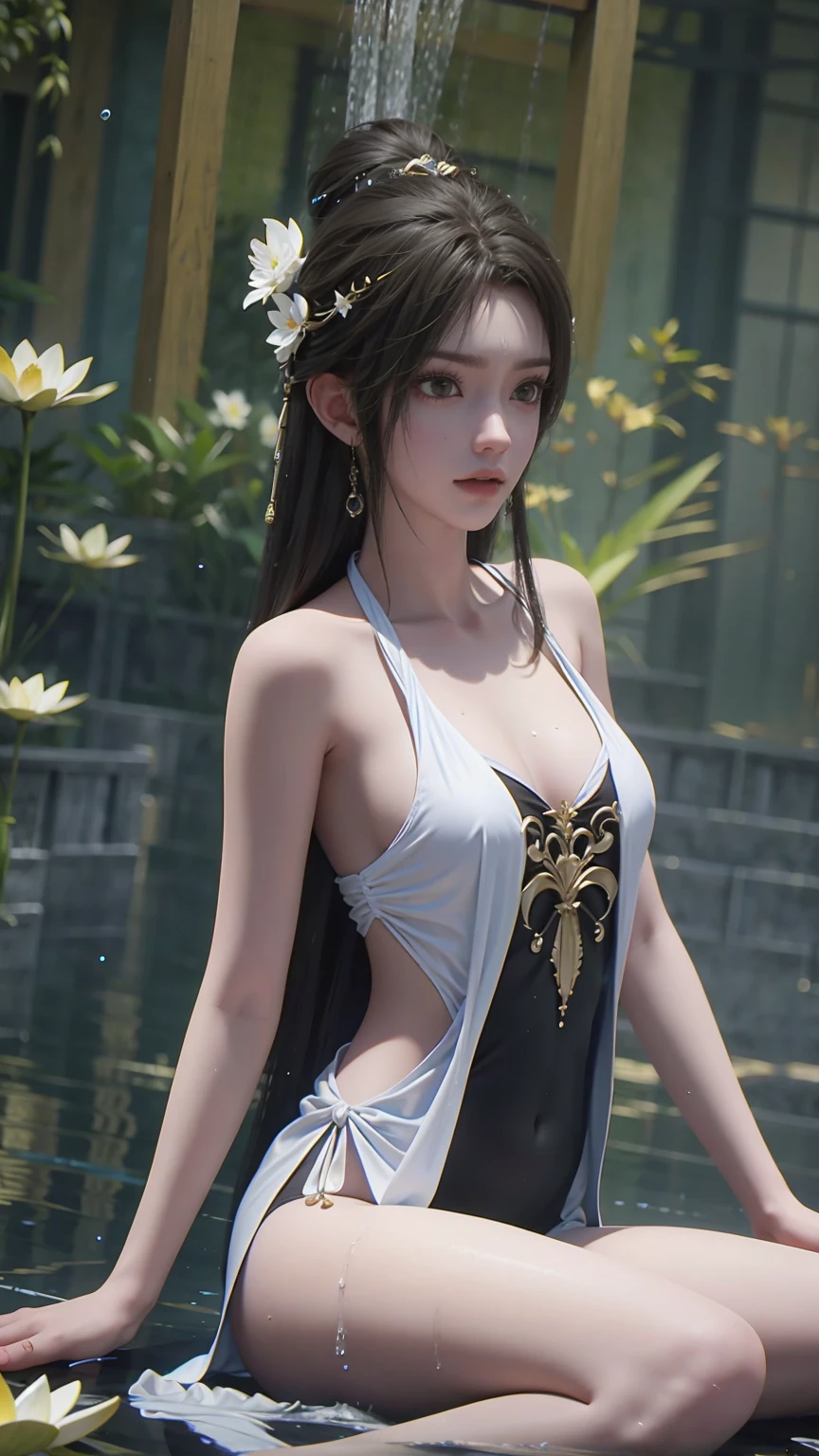 A girl bathing in water,Showering the upper body while bathing on the water,Wearing white suspender pajamas,Golden glowing lotus on the water,Water Magic,Wet,Full body capture,Full body view