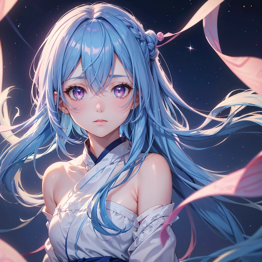 Sky blue hair,braid,(Pink Eyes),Fair skin ,(whole body),(One girl),Hanfu,Tanabata,(The beautiful, sparkling Milky Way in the night sky),Lonely Eyes,,(masterpiece, Highest quality, Very detailed, Best Shadow), (Detailed Background), (Beautifully detailed face), High Contrast, (Best lighting, Very delicate and beautiful), ((Cinematic Light)), colorful, Hyper Detail, Dramatic Light, Intricate details,