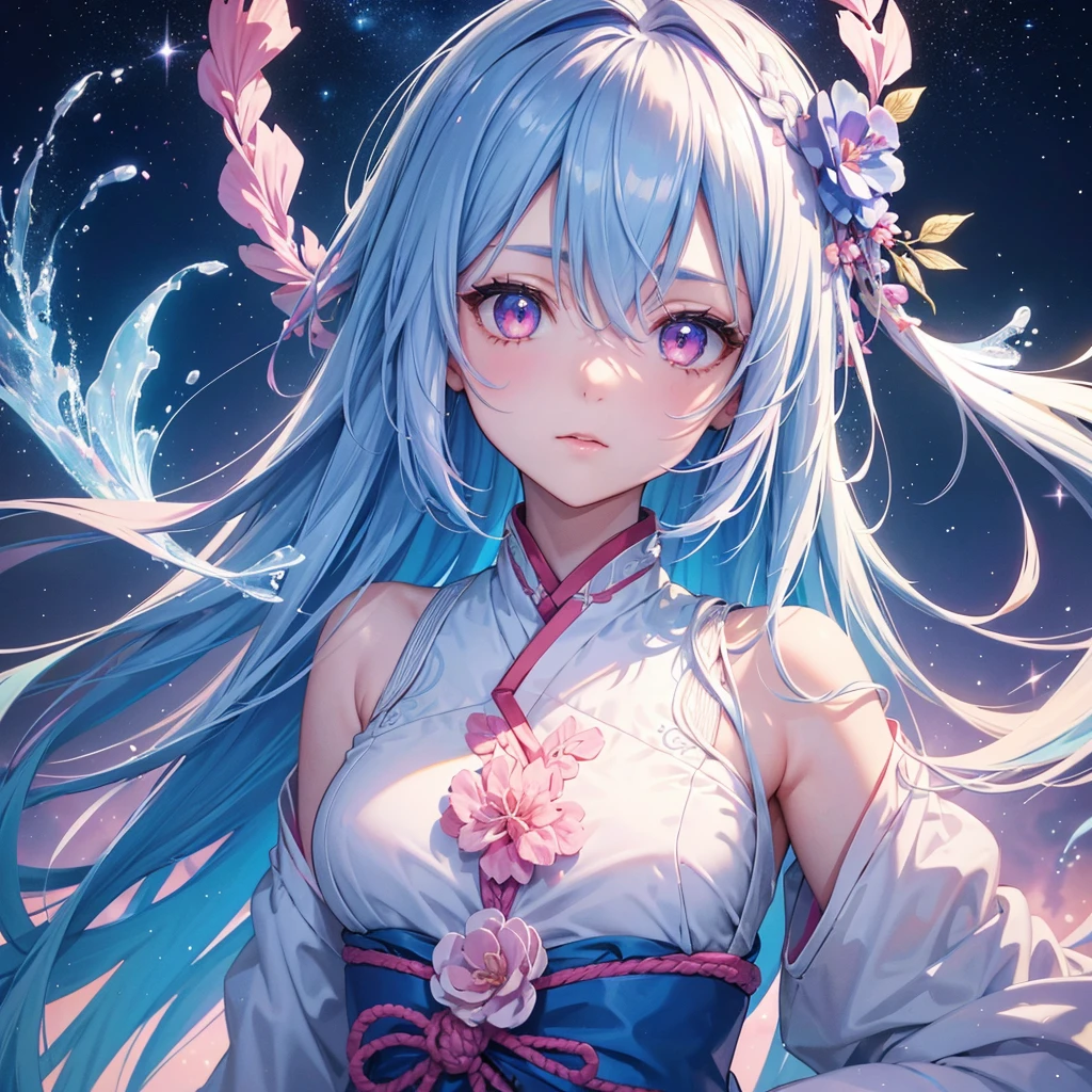 Sky blue hair,braid,(Pink Eyes),Fair skin ,(whole body),(One girl),Hanfu,Tanabata,(The beautiful, sparkling Milky Way in the night sky),Lonely Eyes,,(masterpiece, Highest quality, Very detailed, Best Shadow), (Detailed Background), (Beautifully detailed face), High Contrast, (Best lighting, Very delicate and beautiful), ((Cinematic Light)), colorful, Hyper Detail, Dramatic Light, Intricate details,