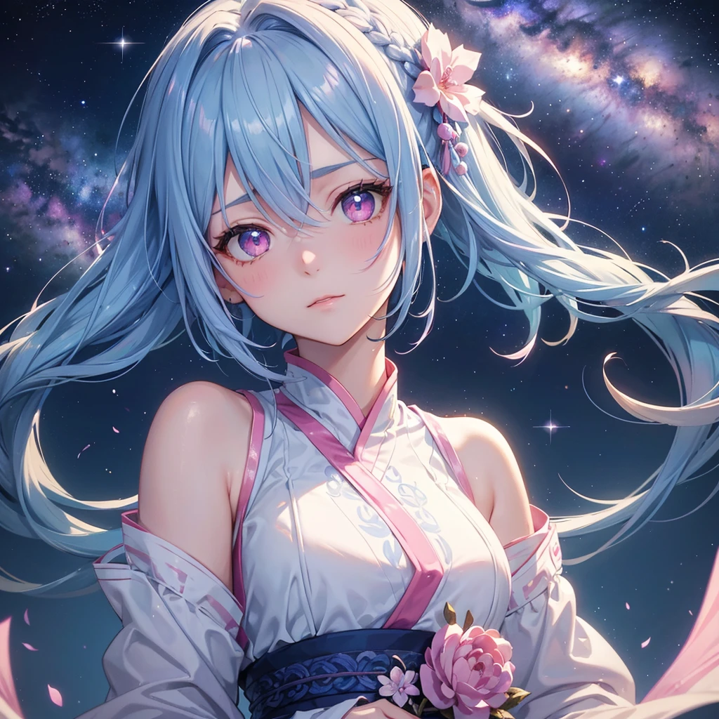 Sky blue hair,braid,(Pink Eyes),Fair skin ,(whole body),(One girl),Hanfu,Tanabata,(The beautiful, sparkling Milky Way in the night sky),Lonely Eyes,,(masterpiece, Highest quality, Very detailed, Best Shadow), (Detailed Background), (Beautifully detailed face), High Contrast, (Best lighting, Very delicate and beautiful), ((Cinematic Light)), colorful, Hyper Detail, Dramatic Light, Intricate details,