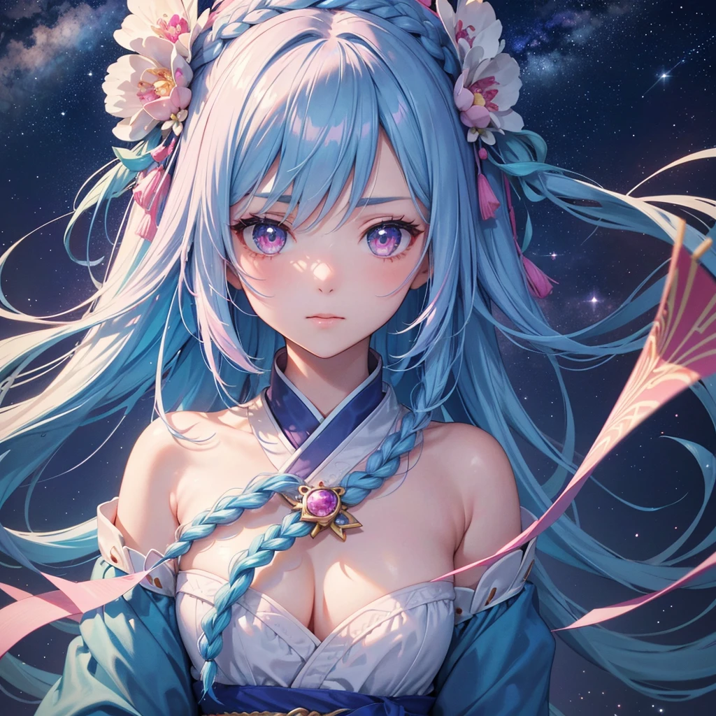 Sky blue hair,braid,(Pink Eyes),Fair skin ,(whole body),(One girl),Hanfu,Tanabata,(The beautiful, sparkling Milky Way in the night sky),Lonely Eyes,,(masterpiece, Highest quality, Very detailed, Best Shadow), (Detailed Background), (Beautifully detailed face), High Contrast, (Best lighting, Very delicate and beautiful), ((Cinematic Light)), colorful, Hyper Detail, Dramatic Light, Intricate details,