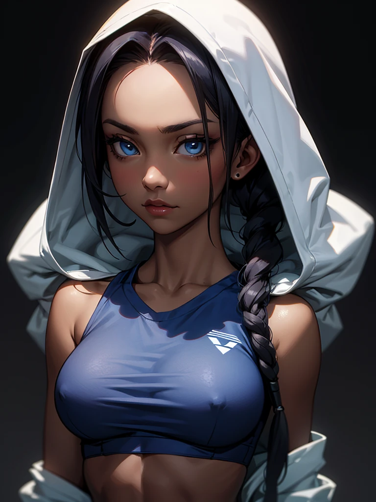 ((Portrait Photo)), She has an Athletic and Slender Appearance, with a Strong Build, Dark Skin and Relaxed Aura. She Expresses a Calm and Indifferent Look, Giving Off a Composed and Unfazed Attitude. She has Deep Blue Eyes, and Her Hair is Long and Black, with Dreadlocks and Strands Falling Over Her Forehead. She Wears a Loose, Open White Sweatshirt with Hood and a Sports Tank Top, Revealing Her Midriff. ((Portrait Photo, HDR, Dark Background))
