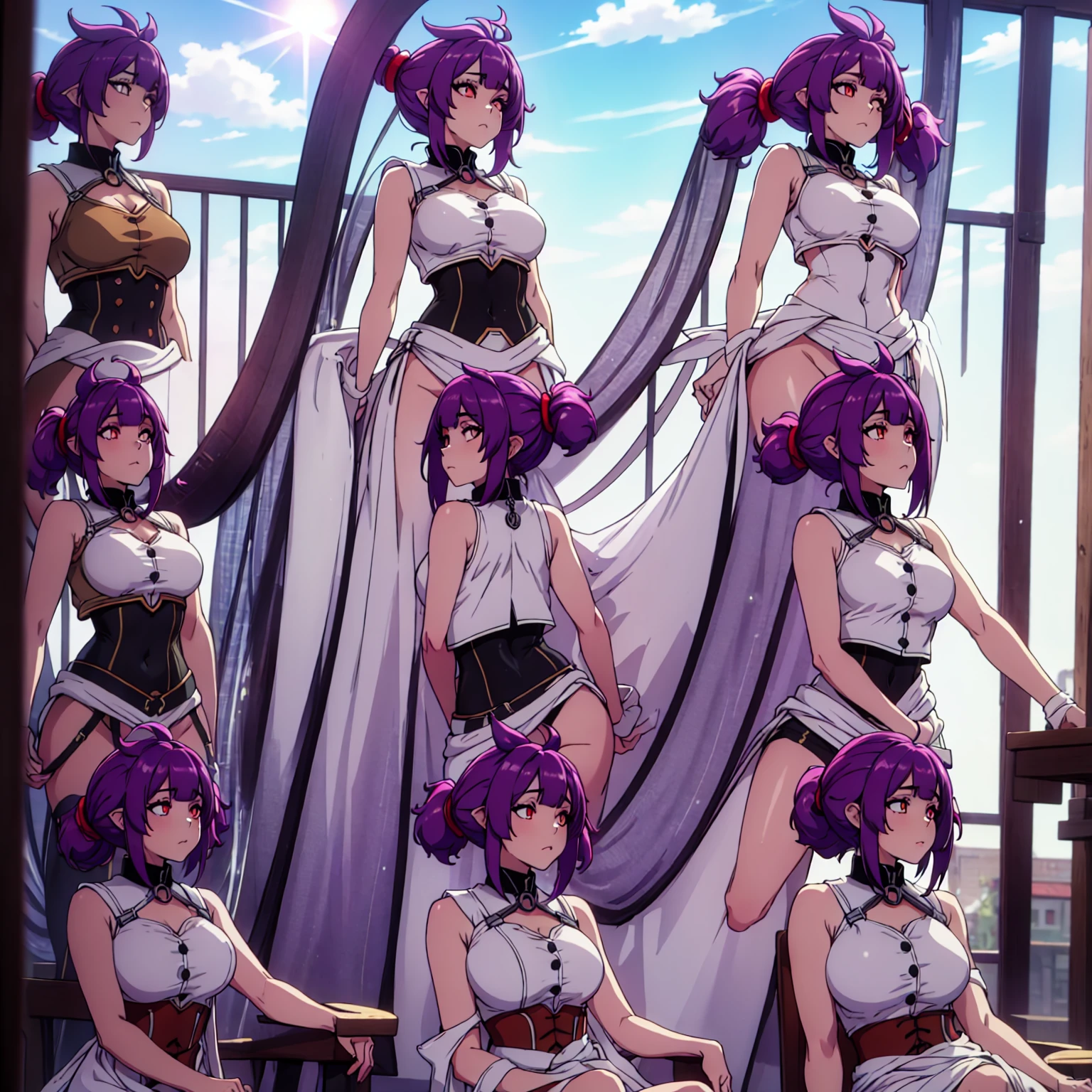 (day),White Background,blue sky,outdoors, Standing at attention, pink shirt,black tie,brown vest,sleeveless, purple hair,red eye,hair_ornament,twintails,hair_tie, 1 girl, 20yo,Young female,Beautiful Finger,Beautiful long legs,Beautiful body,Beautiful Nose,Beautiful character design, perfect eyes, perfect face,expressive eyes, looking at viewer,(Focus on her face),closed_mouth, official art,extremely detailed CG unity 8k wallpaper, perfect lighting,Colorful, Bright_Front_face_Lighting,shiny skin, (masterpiece:1.0),(best_quality:1.0), ultra high res,4K,ultra-detailed, photography, 8K, HDR, highres, absurdres:1.2, Kodak portra 400, film grain, blurry background, bokeh:1.2, lens flare, (vibrant_color:1.2) (Beautiful,large_Breasts:1.4), (beautiful_face:1.5),(narrow_waist),
