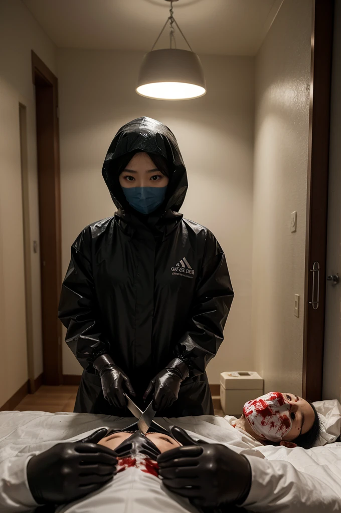 korean girl, (behind corpse, surgical mask), blood splatter, holding knife, stabbing, black gloves, room full of blood, transparent raincoat, hood up, holding knife, gloves, behind corpse, short hair, night, mass murderer, robbery, in the hotel,