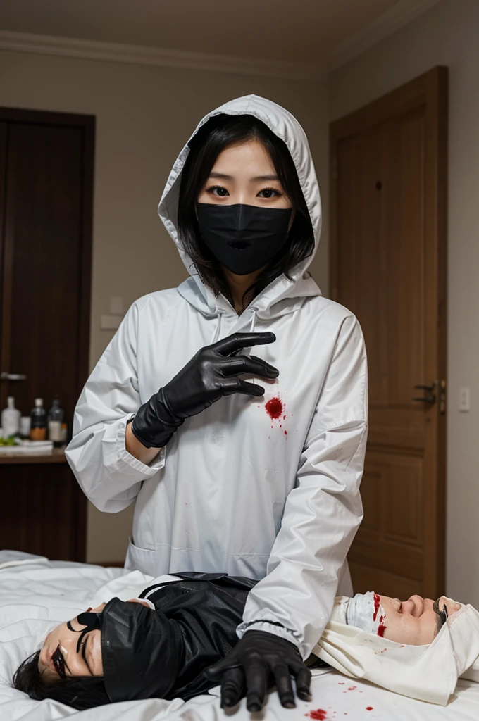 korean girl, (behind corpse, surgical mask), blood splatter, holding knife, stabbing, black gloves, room full of blood, transparent raincoat, hood up, holding knife, gloves, behind corpse, short hair, night, mass murderer, robbery, in the hotel,
