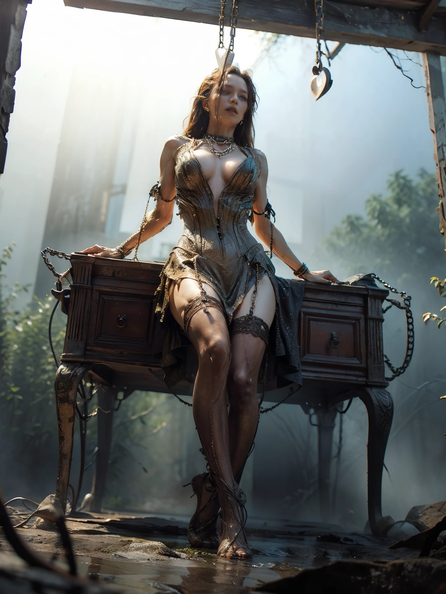 RUSTY CHAINS, (lens flare, bokeh, Wide-Angle, Ultra-Wide Angle, from below, from side, wide shot, isometric, afterimage, partially underwater shot), (from below:1.5), ((Detailed eyes)), [fire elemental woman in chain:1.3], [chains at the ankles], [chains at the ankles], [chains at the ankles], [the chains on the wrists], [the chains on the wrists], [the chains on the wrists], bare feet, full body chain, dirty fire elemental woman chained to a chair in a cage, white torn stockings, broken glasses, woman in chain in a cage, iron bars, desperate expression, worried alice in wonderland in chain in a cage, concerned about future, brunette, realistic hands, bars in the window. Blurred foreground.