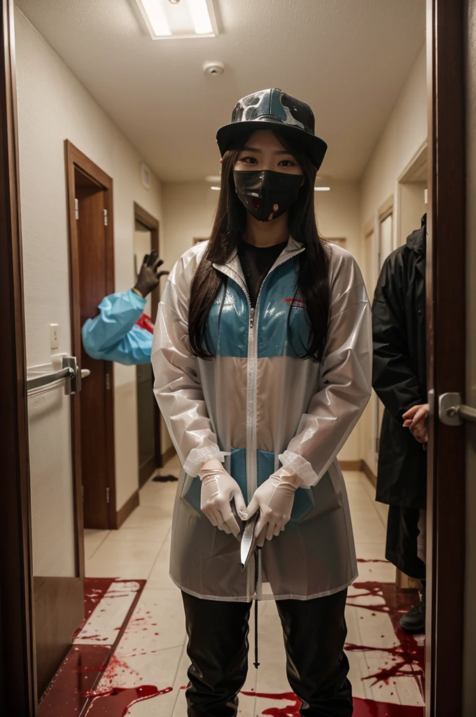 korean girl, (behind corpse, surgical mask), blood splatter, holding knife, stabbing, gloves, room full of blood, transparent raincoat, trucker hat, holding knife, gloves, behind corpse, very long hair, night, mass murderer, robbery, in the hotel,