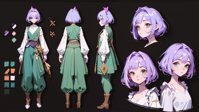 (Masterpiece, best quality), detailed, 1 woman, ((character concept art)), ((character design sheet, reference sheet, same character, front, side, back)), full body, body complete, 1 female, 1 women. Character design sheet full body, Highly detailed, character sheet, character design, Many parts, pale skin, green eyes, short purple hair, male hairstyle, short male hair, lavender flower, lavender flower reference, lavender flower character reference, lavender flower inspired, flat chest, Ecofashion, Earthy clothing, Solarpunk, Solarpunk reference, Solarpunk inspired outfit, simple outfit, simple clothes, cottagecore aesthetic, cottagecore, pants, gold details, pastel purple, dark green and brown color palette for the clothes.