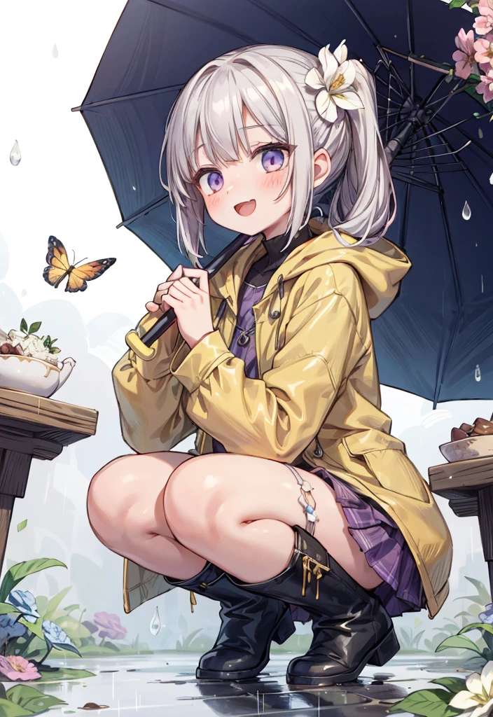 One Girl,rainbow,raincoat,yellow raincoat,rubber Knee-high boots,Hydrangea,flower,Long Hair,Twin tails,Knee-high boots,blush,umbrella,Open your mouth,hair ornaments,white background,Food,alone,Terboz,very Long Hair,Food up,Long sleeve,Low Ponytail,bow,bangs,smile,animal Food,closed umbrella,puddle,Cowboy Shot、squat,:d,snails,Yellow footwear, background,pink flower,Are standing,leaf umbrella,Holding umbrella,food-themed hair ornaments,hair bow,animal ears,Holding,bionde,hair flower,rain,animal,Gray Hair、Light purple eyes、Bob Hair、Laughter、Purple Raincoat、heavy,Fly pee forward