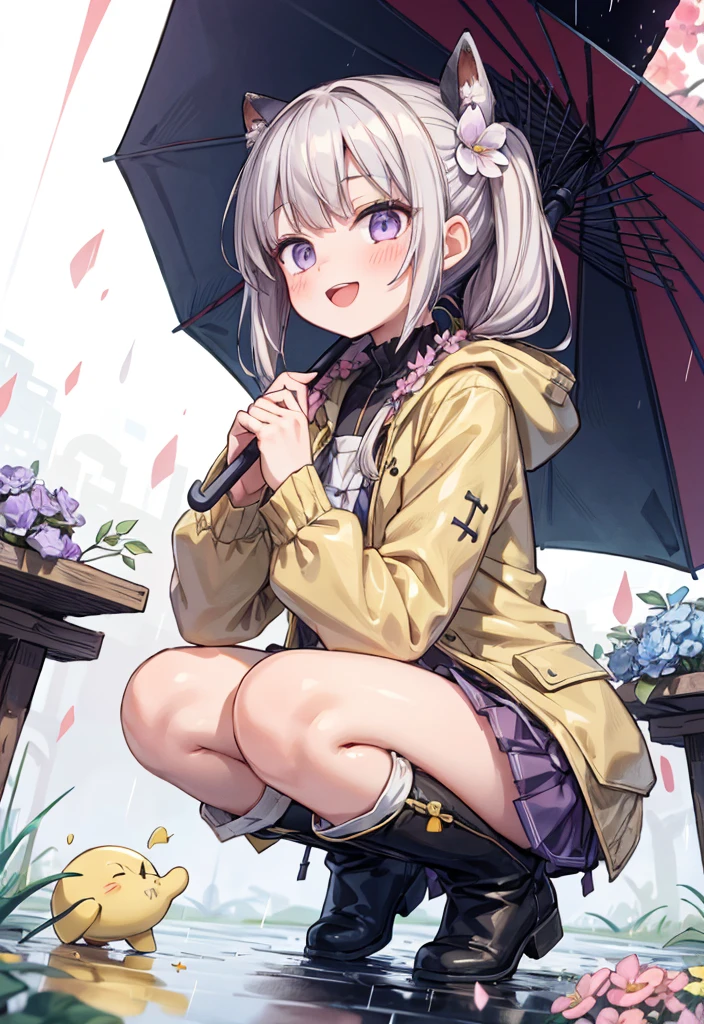 One Girl,rainbow,raincoat,yellow raincoat,rubber Knee-high boots,Hydrangea,flower,Long Hair,Twin tails,Knee-high boots,blush,umbrella,Open your mouth,hair ornaments,white background,Food,alone,Terboz,very Long Hair,Food up,Long sleeve,Low Ponytail,bow,bangs,smile,animal Food,closed umbrella,puddle,Cowboy Shot、squat,:d,snails,Yellow footwear, background,pink flower,Are standing,leaf umbrella,Holding umbrella,food-themed hair ornaments,hair bow,animal ears,Holding,bionde,hair flower,rain,animal,Gray Hair、Light purple eyes、Bob Hair、Laughter、Purple Raincoat、heavy,Fly pee forward