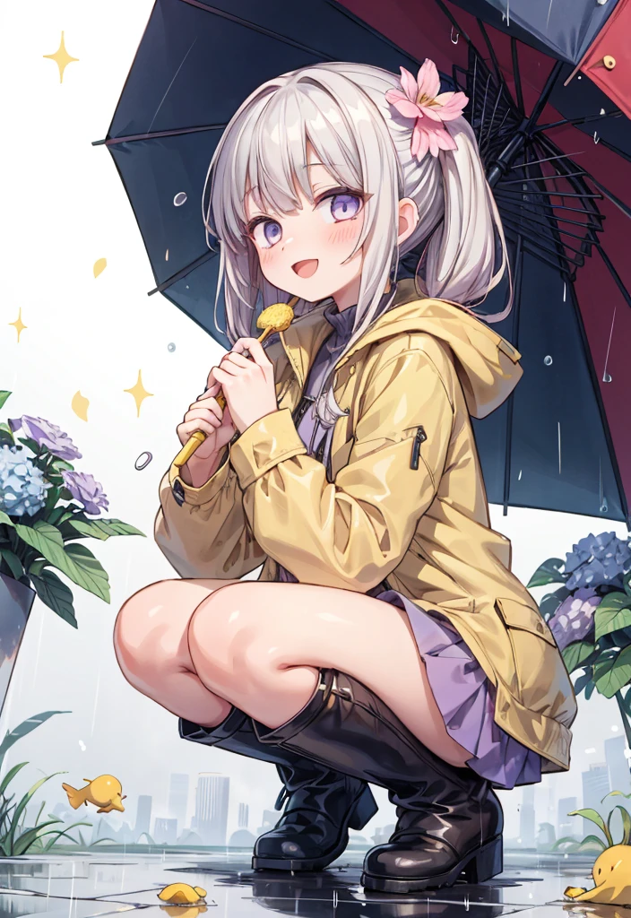 One Girl,rainbow,raincoat,yellow raincoat,rubber Knee-high boots,Hydrangea,flower,Long Hair,Twin tails,Knee-high boots,blush,umbrella,Open your mouth,hair ornaments,white background,Food,alone,Terboz,very Long Hair,Food up,Long sleeve,Low Ponytail,bow,bangs,smile,animal Food,closed umbrella,puddle,Cowboy Shot、squat,:d,snails,Yellow footwear, background,pink flower,Are standing,leaf umbrella,Holding umbrella,food-themed hair ornaments,hair bow,animal ears,Holding,bionde,hair flower,rain,animal,Gray Hair、Light purple eyes、Bob Hair、Laughter、Purple Raincoat、heavy,Fly pee forward