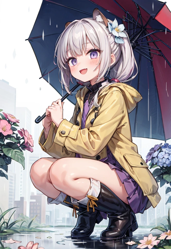 One Girl,rainbow,raincoat,yellow raincoat,rubber Knee-high boots,Hydrangea,flower,Long Hair,Twin tails,Knee-high boots,blush,umbrella,Open your mouth,hair ornaments,white background,Food,alone,Terboz,very Long Hair,Food up,Long sleeve,Low Ponytail,bow,bangs,smile,animal Food,closed umbrella,puddle,Cowboy Shot、squat,:d,snails,Yellow footwear, background,pink flower,Are standing,leaf umbrella,Holding umbrella,food-themed hair ornaments,hair bow,animal ears,Holding,bionde,hair flower,rain,animal,Gray Hair、Light purple eyes、Bob Hair、Laughter、Purple Raincoat、heavy,Fly pee forward