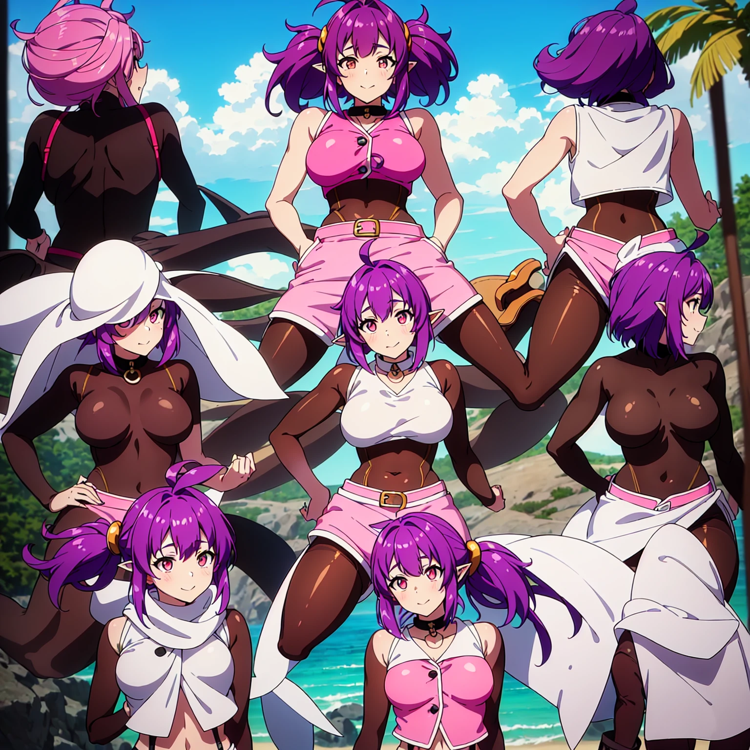 (short:1.4), (sherry:1.6), a woman on an island beach, (dynamic pose:1.4), official anime artwork, official artwork, anime moe artstyle, dreamy psychedelic anime, anime wallaper, anime visual of a cute girl, official art, fanart, masterpiece, best quality, high resolution, 8K, 4K, looking at viewer, large breasts, ass, smile edgYSD, collar, (dark brown leggings:1.5), (dark brown tights bodysuit:1.6), (purple hair:1.4), multiple ahoge, (dark red-gold eyes:1.2), gold eye accent, (hair_ornament:1.4), twin-tails, hair_tie, 1 girl, young female, beautiful finger, beautiful very long legs, beautiful body, beautiful nose, beautiful character design, perfect eyes, perfect face, expressive eyes, perfect lighting, shiny skin, nsfw, flushed skin, blushing face, lewd smile, slightly open mouth, gravure, pinup, very long legs, long thin pointy ears, (all visible leg skin covered by tights:1.2), (all visible stomach skin covered by tights bodysuit:1.4), (all visible hips skin covered by tights bodysuit:1.4), arms completely visible, (arms showing skin:1.2), japanese skin, (solid colors:1.4), lidded eyes, dark red-gold eyes, (pink short shorts:1.6), (pink sleeveless buttoned top:1.6), (pink outfit:1.2), (white trim:1.8), (white lapel:1.4), (thigh-high pink boots with white lapel:1.9), (black belt:1.2), (black garterbelts:1.8), (black garterbelts connecting boots to shorts:1.4), (boots pulled up by bootstraps:1.4), (bright sunny day on the beach:1.4), waves, almost clear skies, sunny, trees, island plants, seashells, shoreline, top of pink boots are long white folded fabric with the bootstrap connected to the white part of the boots going above them