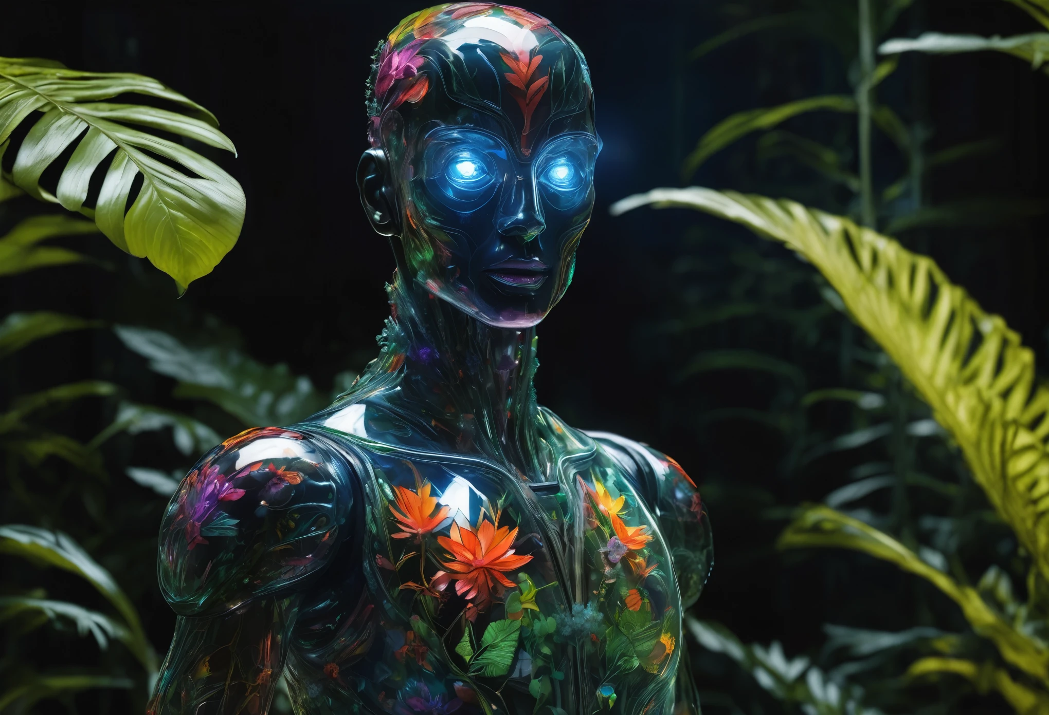 high detailed professional upper body photo of a transparent porcelain android looking at viewer,with glowing backlit panels,anatomical plants,dark forest,night,darkness,grainy,shiny,intricate plant details,with vibrant colors,colorful plumage,bold colors,flora,contrasting shadows,realistic,photographic,