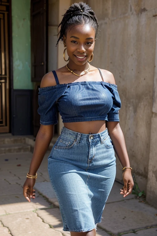 Create an image of a 23-year-old African woman, exuding happiness, dressed in a beautiful denim skirt and beautiful top, she should be very thick and realistic . She should be walking down a street with the confidence and grace of a fashionista. The scene should be simple and capture her African heritage, reflecting her Kenyan background.