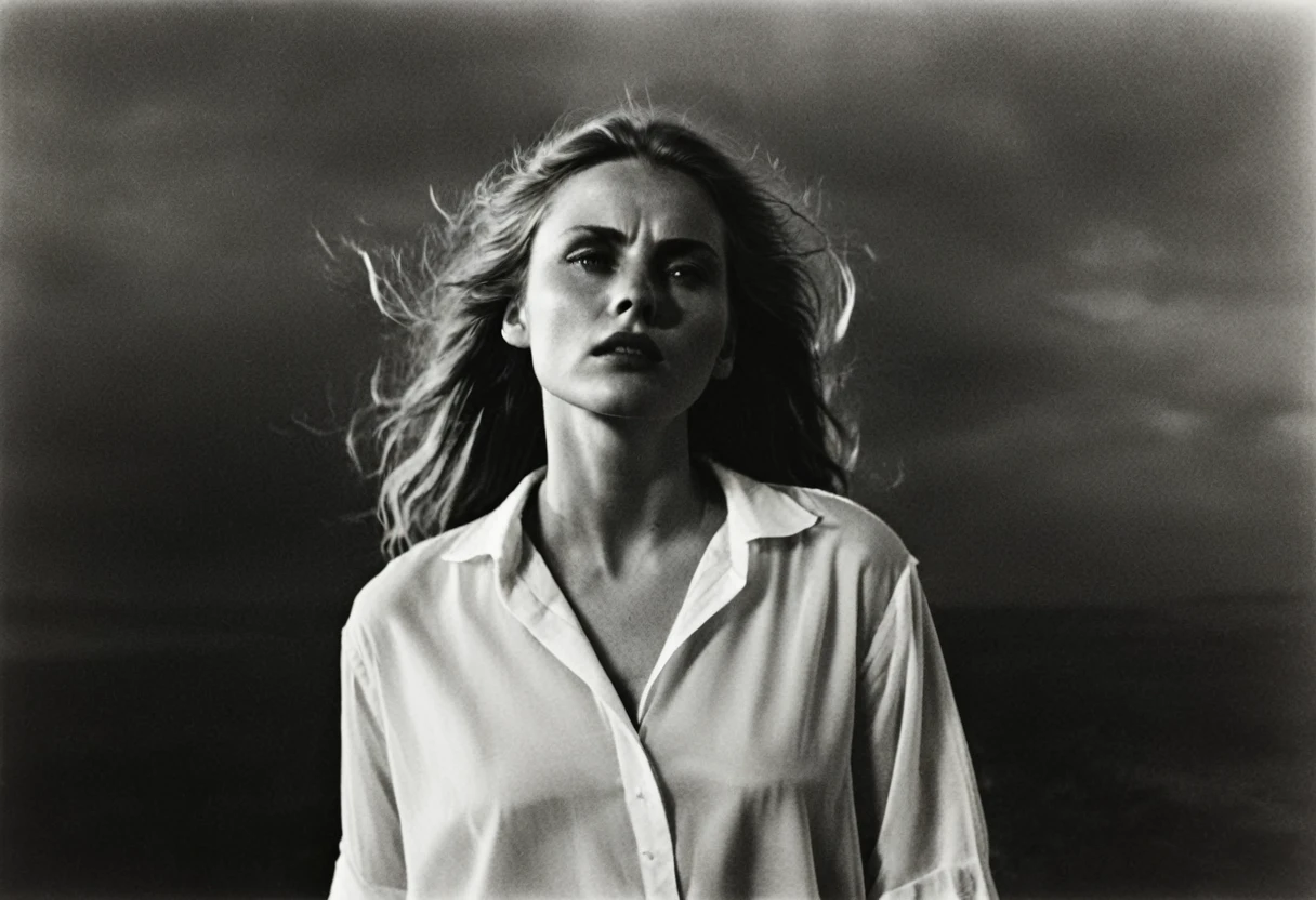 (dark mood masterpiece Photography by Mario Giacomelli:1.2), evil slavic woman, pale skin, long dark blond hair, Stunning b&w 35mm full body photo of a beautiful, perfecteyes, dark circles under eyes, highly detailed skin, (lightest freckles:0.9), standing in a casual pose with her hands on her nipples. wearing (wide-open:1.34) white_silk_shirt. unbuttoned shirt. (nipslip:1.4). a loose-fitting oversized men's unbuttoned shirt, open white business shirt. intricate poses by ruth bernhard. (Photography and style by ruth bernhard). 35mm, Hasselblad. capturing fashion-forward visuals, creating visual impact,evoking emotion,pushing creative boundaries. golden hour, shot from the side, playful pose, god rays,artistic photoshoot