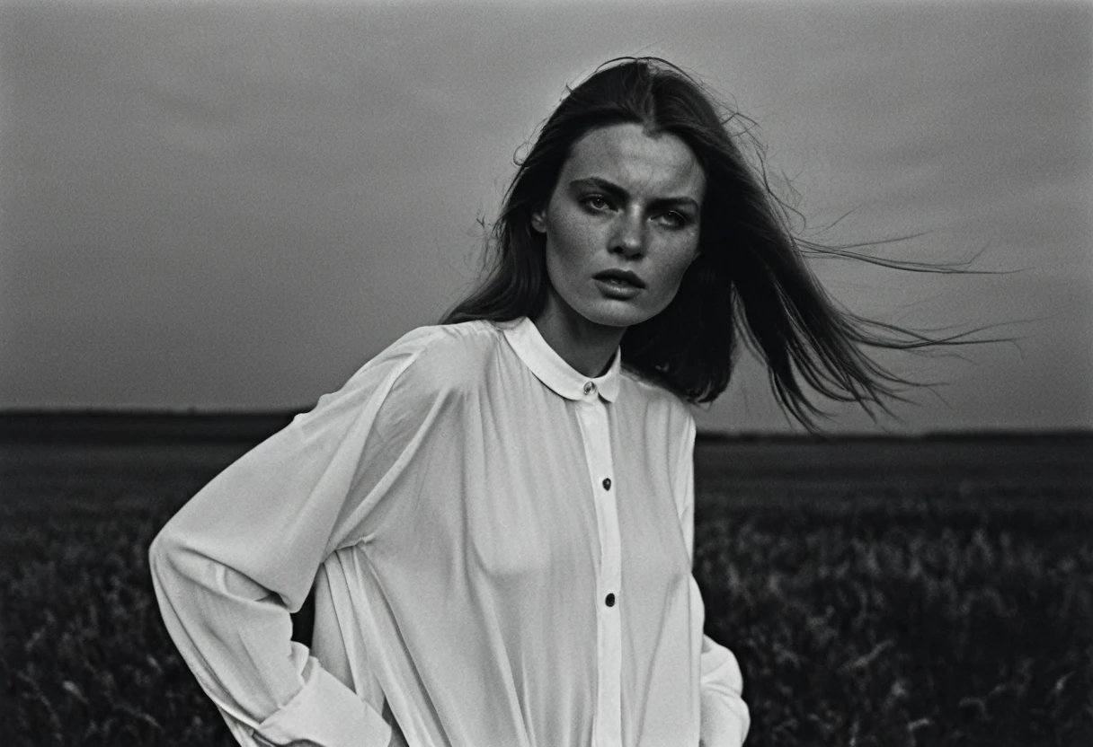 (dark mood masterpiece Photography by Mario Giacomelli:1.2), evil slavic woman, pale skin, long dark blond hair, Stunning b&w 35mm full body photo of a beautiful, perfecteyes, dark circles under eyes, highly detailed skin, (lightest freckles:0.9), standing in a casual pose with her hands on her nipples. wearing (wide-open:1.34) white_silk_shirt. unbuttoned shirt. (nipslip:1.4). a loose-fitting oversized men's unbuttoned shirt, open white business shirt. intricate poses by ruth bernhard. (Photography and style by ruth bernhard). 35mm, Hasselblad. capturing fashion-forward visuals, creating visual impact,evoking emotion,pushing creative boundaries. golden hour, shot from the side, playful pose, god rays,artistic photoshoot