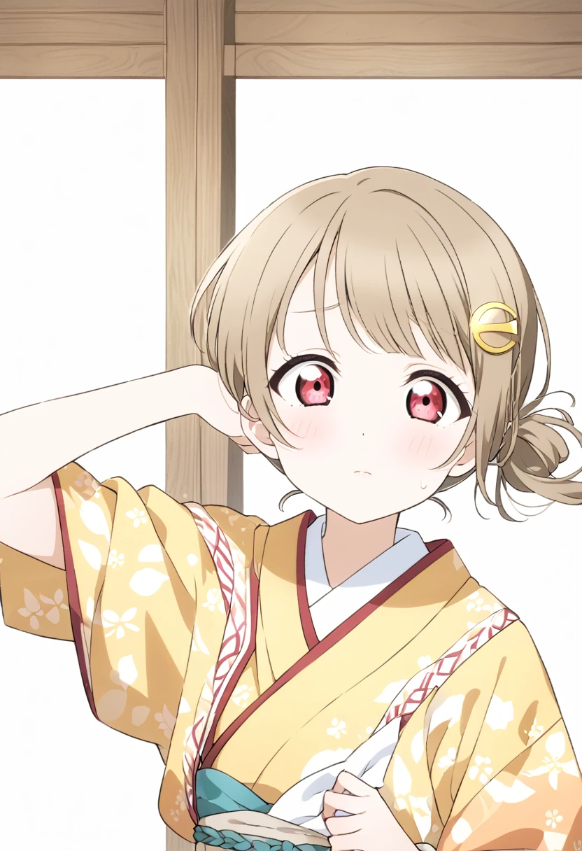 ((style:Colored pencil))Kasumi Nakasu, lovelive, Yellow-brown hair, Bobcut, short hair, ワンレングスBobcut, Asymmetrical Hair, Long left bangs,Short Ponytail,  Red Eye, Yellow kimono, Double crescent-shaped hair ornament, To the left of the face, adult, flare lens, Single, alone, whole body, Shy, Push hair up behind ear, With your right hand, Tokimachi Girl, Black band, Period drama style, Edo Period, The background is the castle town,